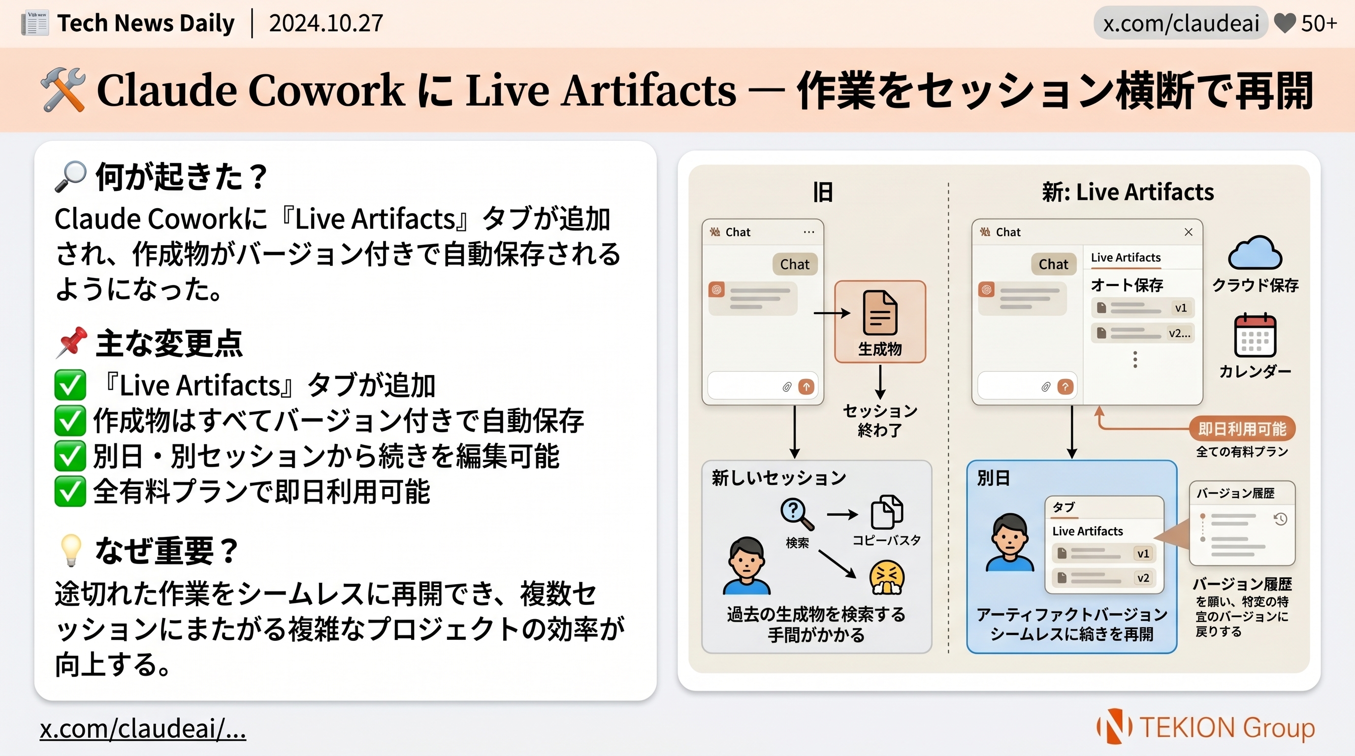 Claude Cowork に Live Artifacts — 作業をセッション横断で再開