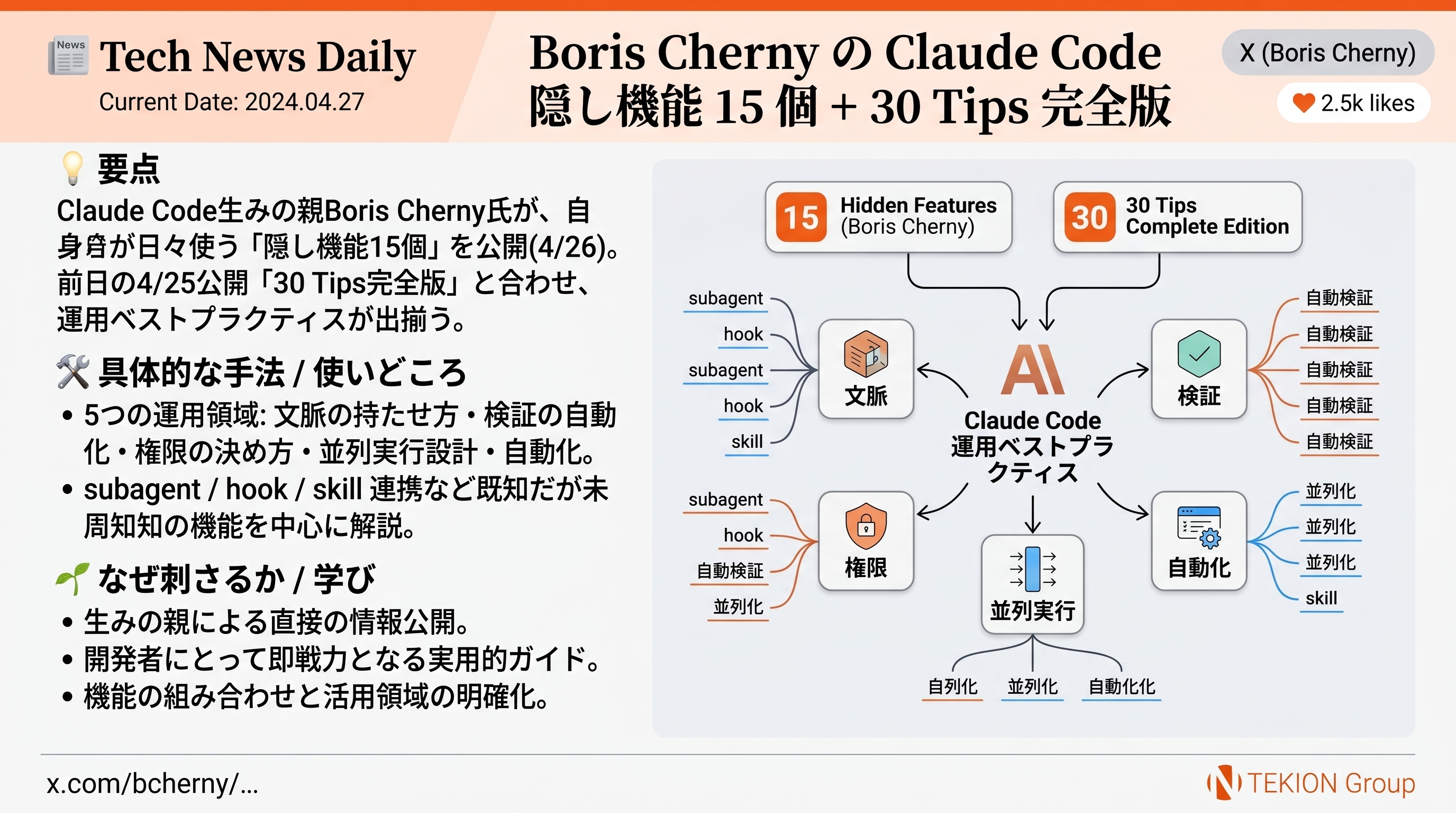 Boris Cherny の Claude Code 隠し機能 15 個 + 30 Tips 完全版