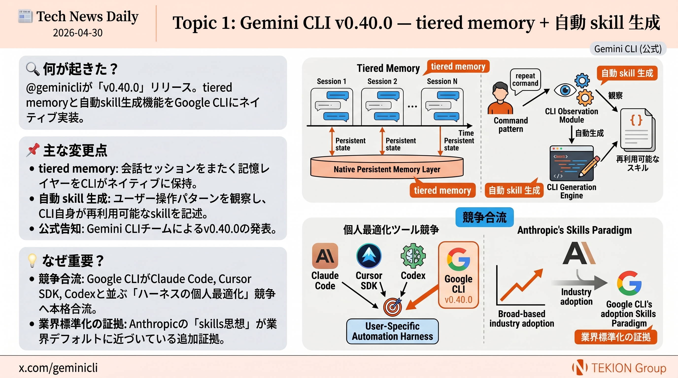 Gemini CLI v0.40.0 — tiered memory + 自動 skill 生成
