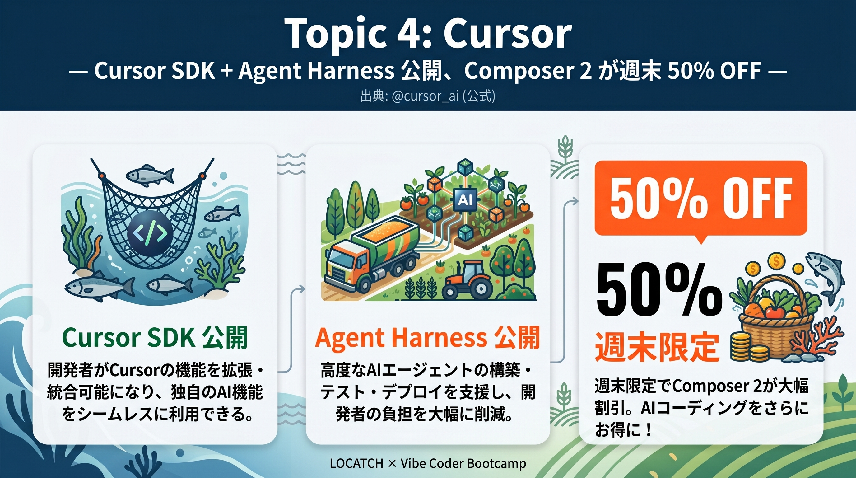 Cursor — Cursor SDK + Agent Harness 公開、Composer 2 が週末 50% OFF