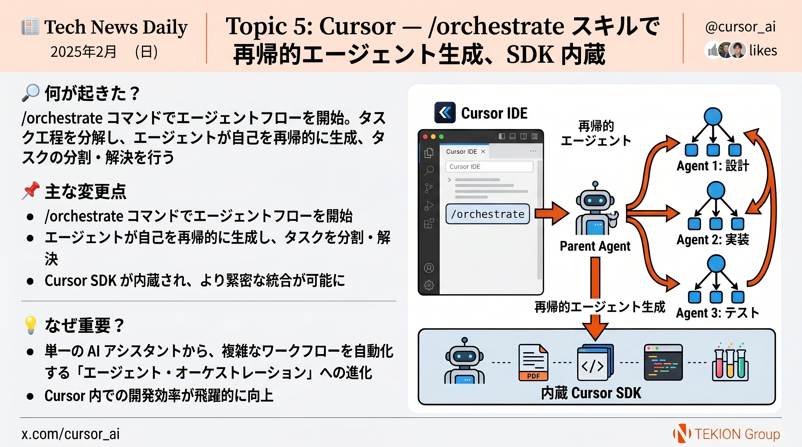 Cursor — /orchestrate スキルで再帰的エージェント生成、SDK 内蔵