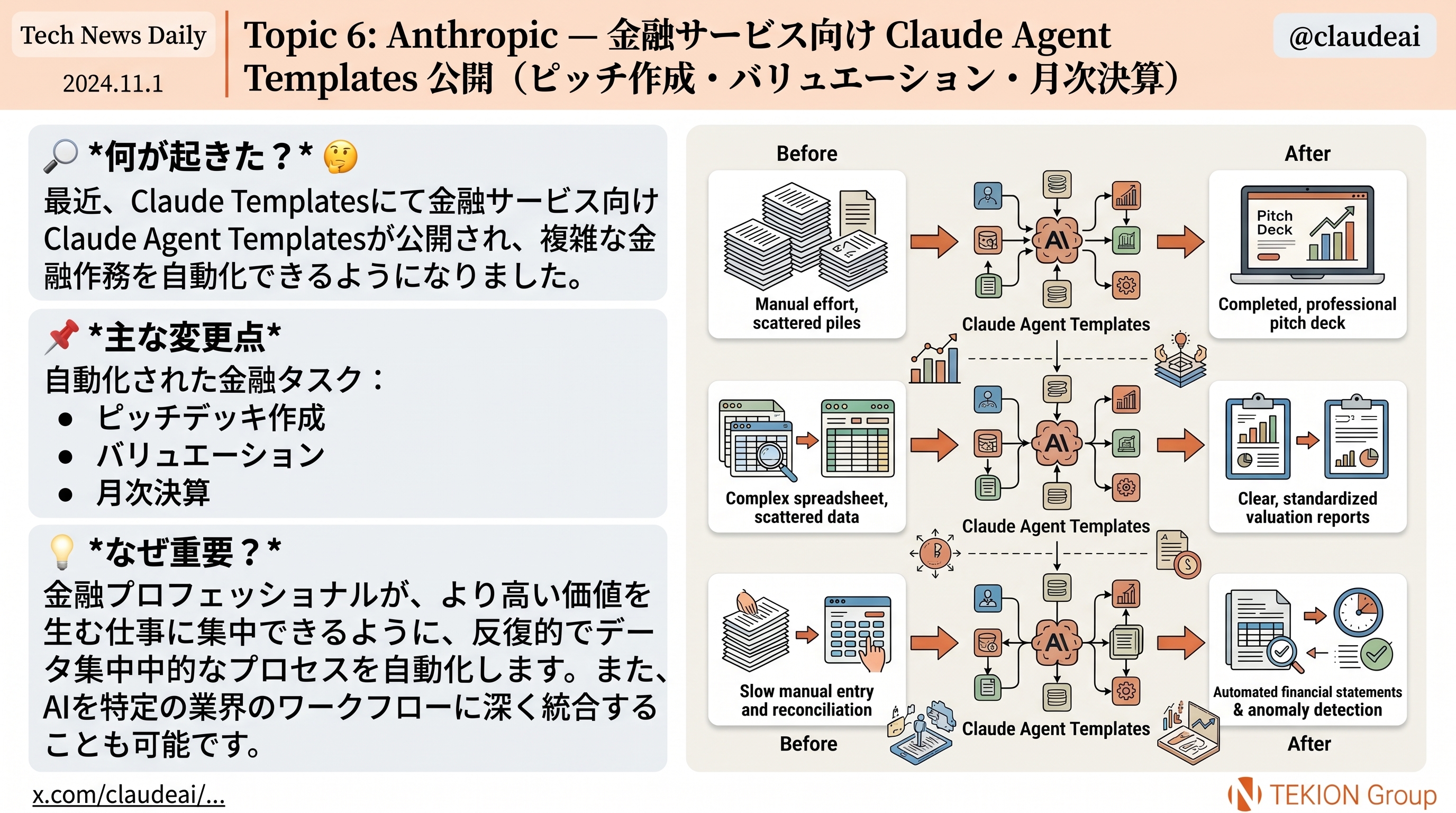 Anthropic — 金融サービス向け Claude Agent Templates 公開（ピッチ作成・バリュエーション・月次決算）