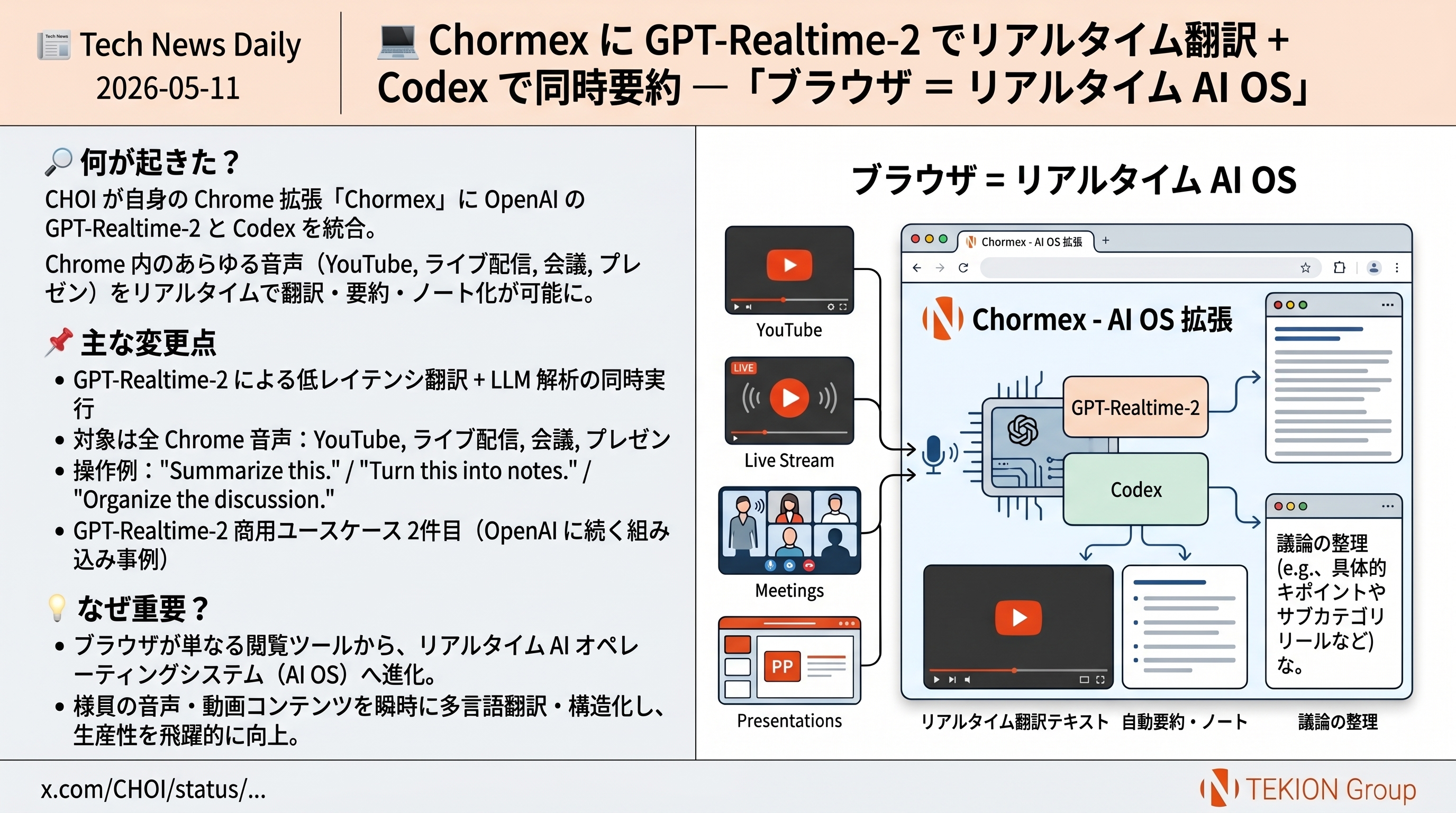 Chormex に GPT-Realtime-2 でリアルタイム翻訳 + Codex で同時要約 — 「ブラウザ = リアルタイム AI OS」
