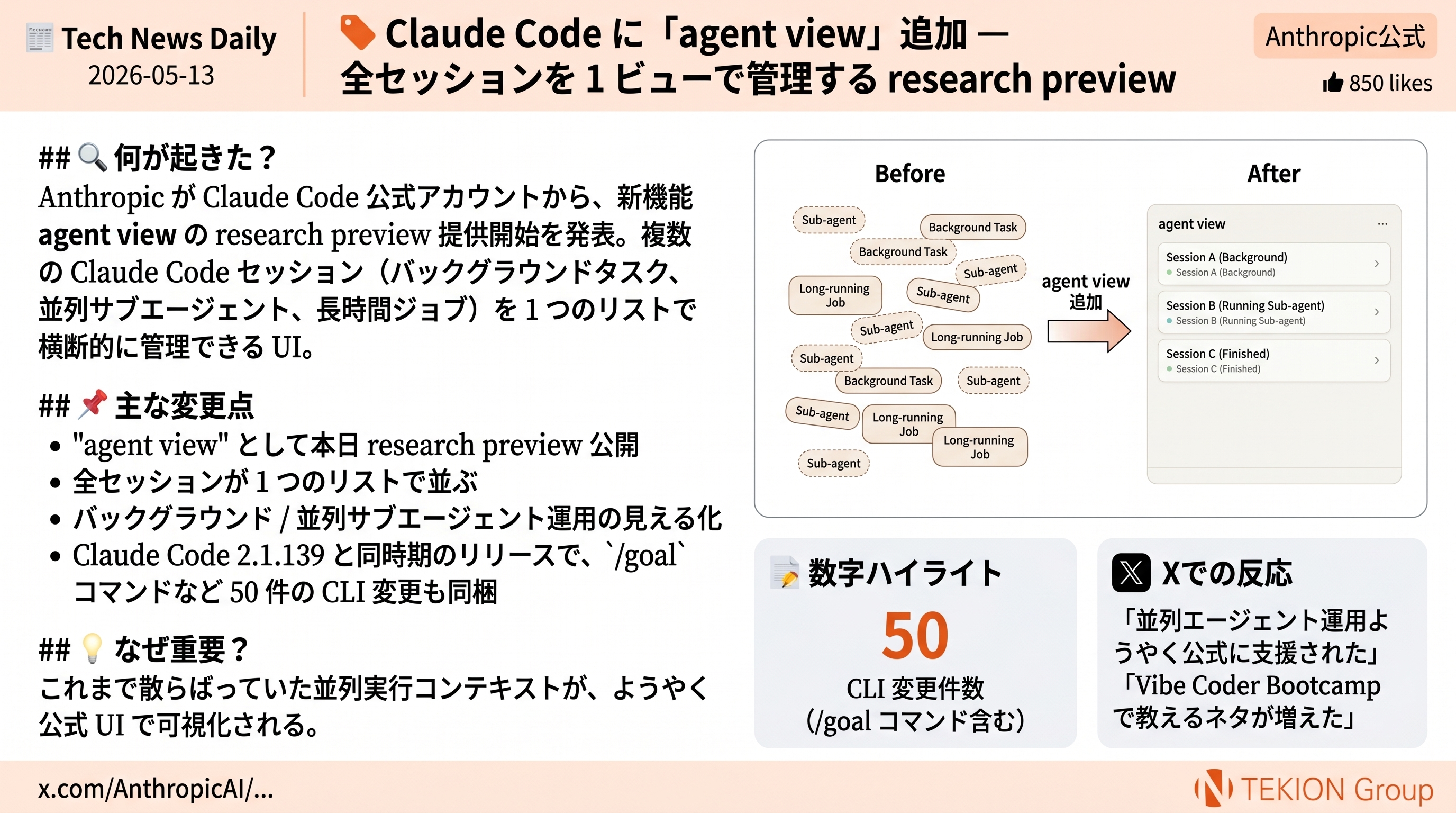 Claude Codeに「agent view」追加 — 全セッションを1リストで管理するresearch preview
