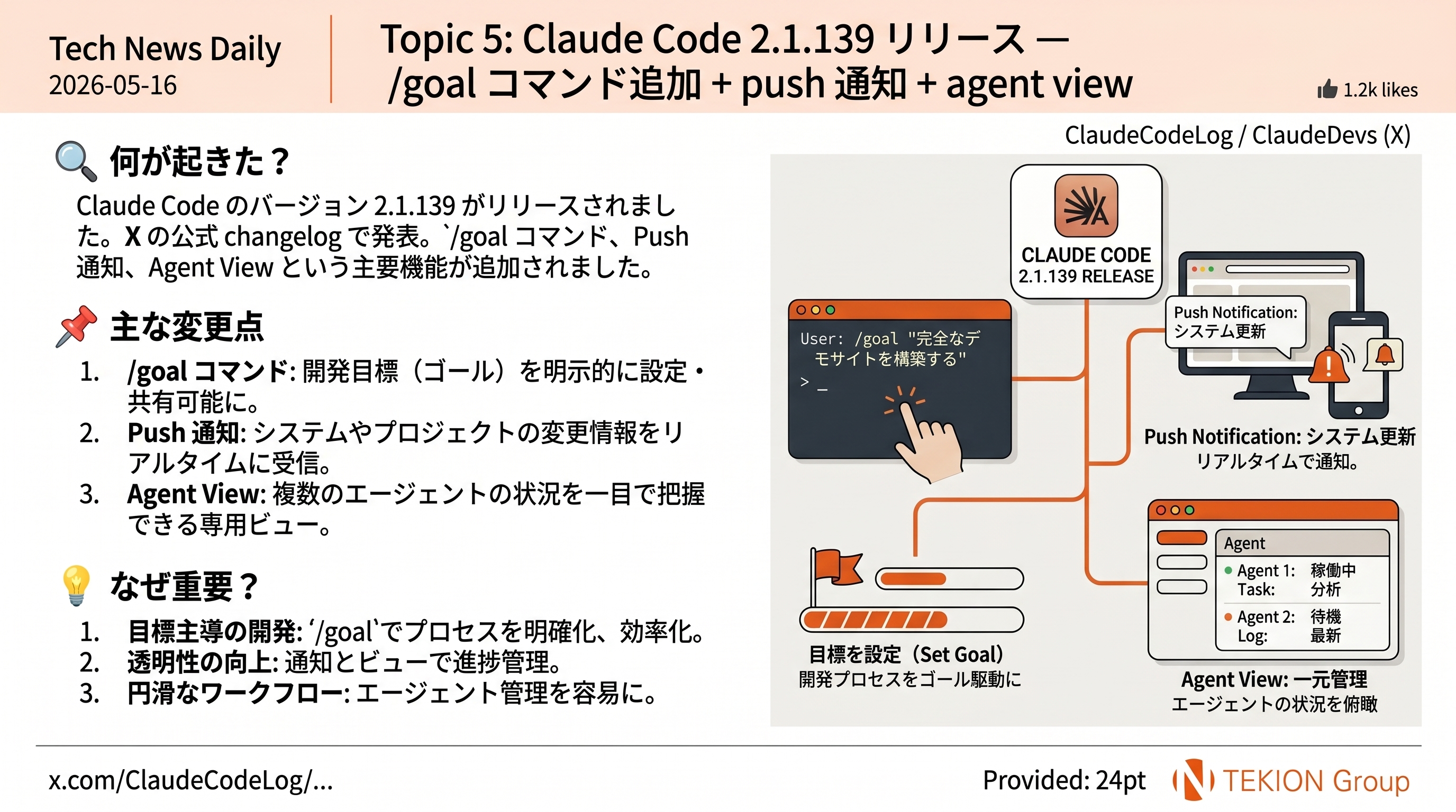 Claude Code 2.1.139 リリース — /goal コマンド追加など 50 変更 + 1 system prompt 変更