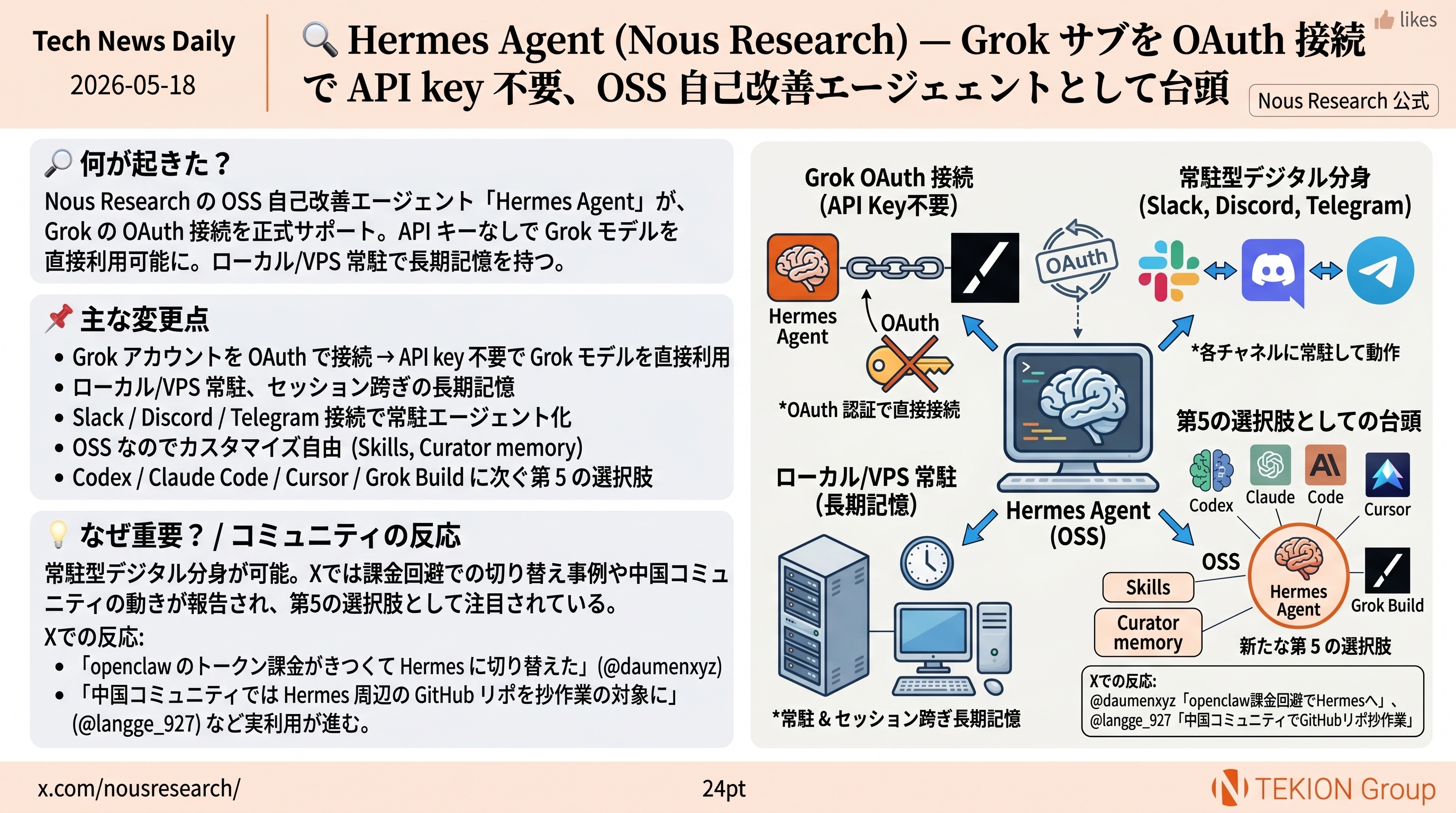 Hermes Agent (Nous Research) — Grok サブを OAuth 接続で API key 不要、OSS 自己改善エージェントとして台頭