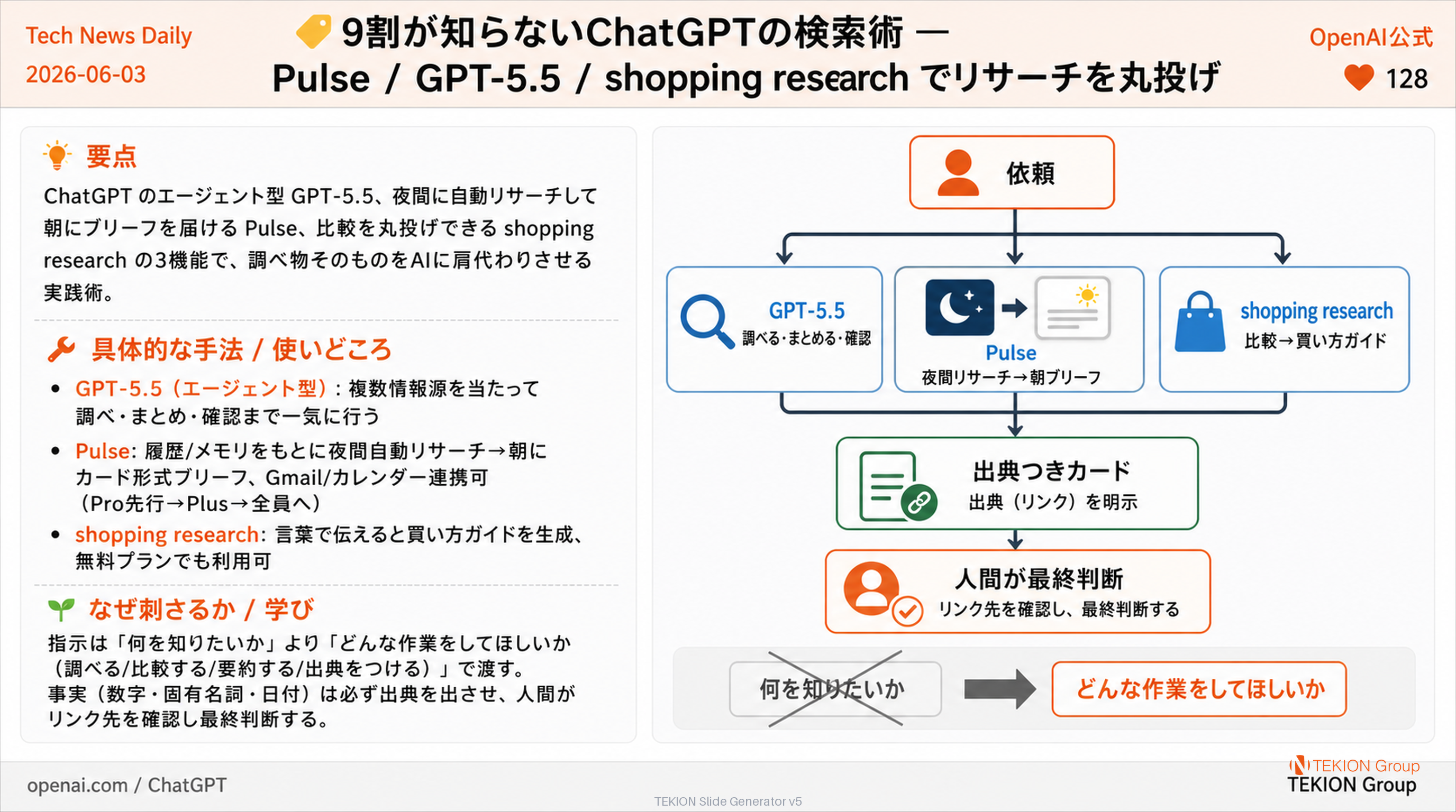9割が知らないChatGPTの検索術 — Pulse / GPT-5.5 / shopping research でリサーチを丸投げ