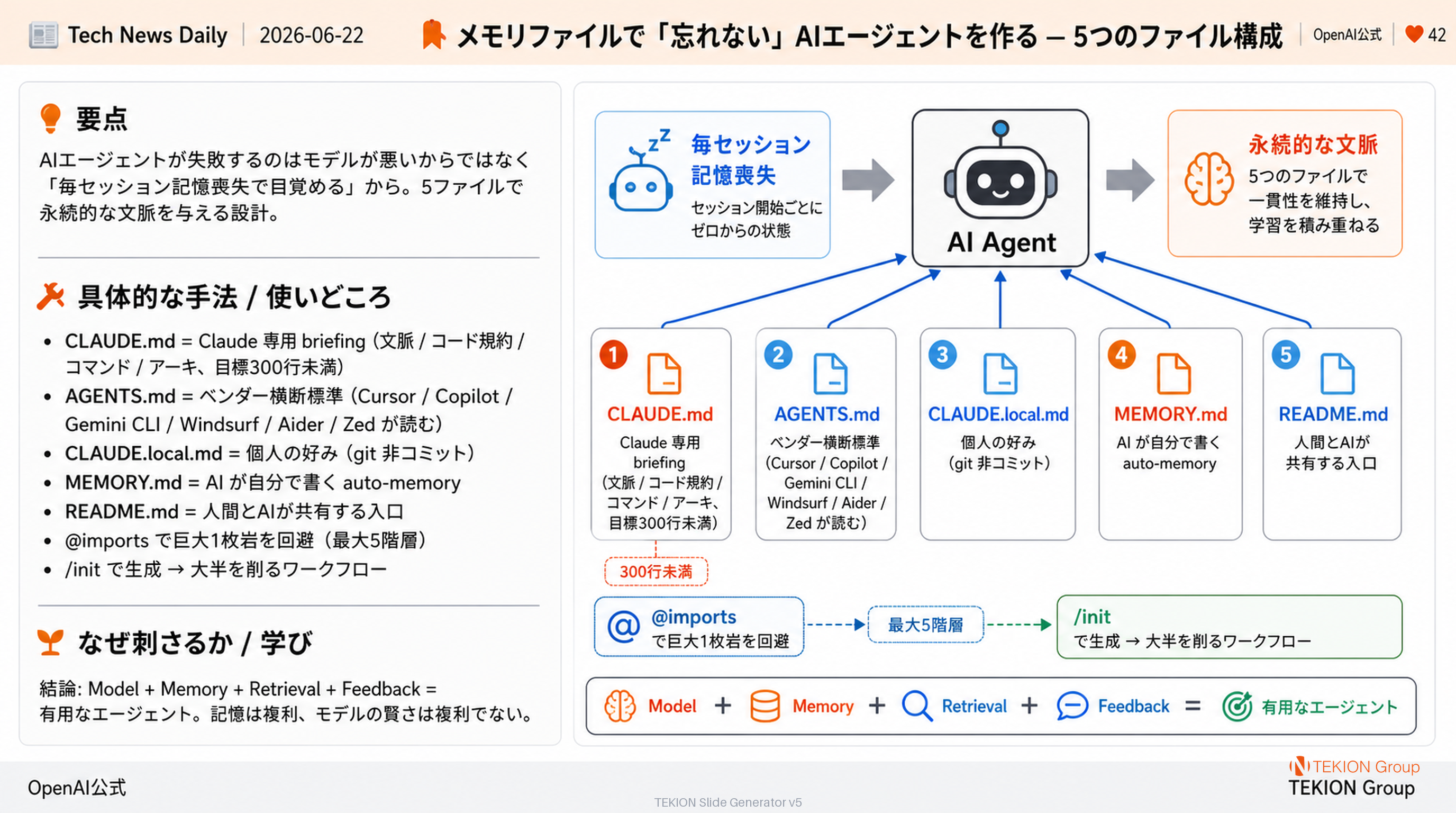 メモリファイルで「忘れない」AIエージェントを作る — 5つのファイル構成
