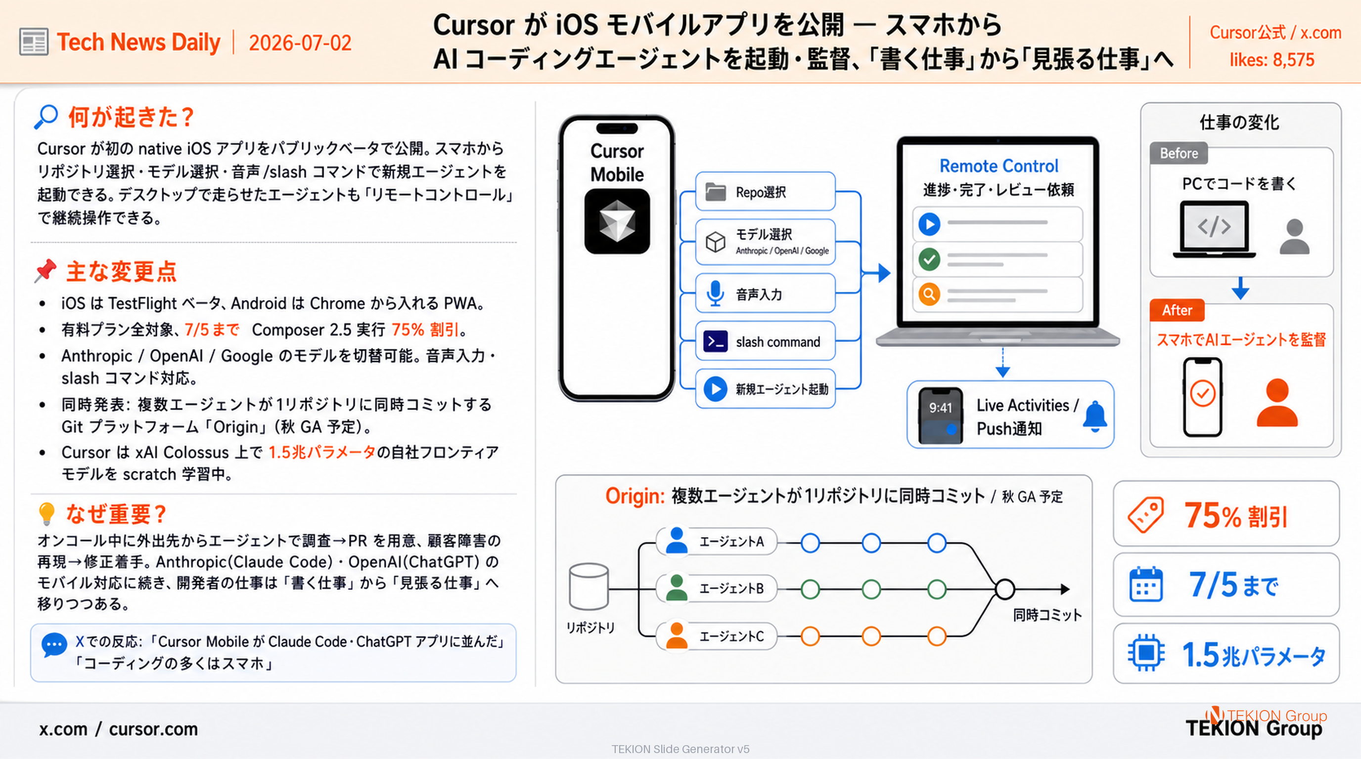 Cursor が iOS モバイルアプリを公開 — スマホから AI コーディングエージェントを起動・監督、「書く仕事」から「見張る仕事」へ