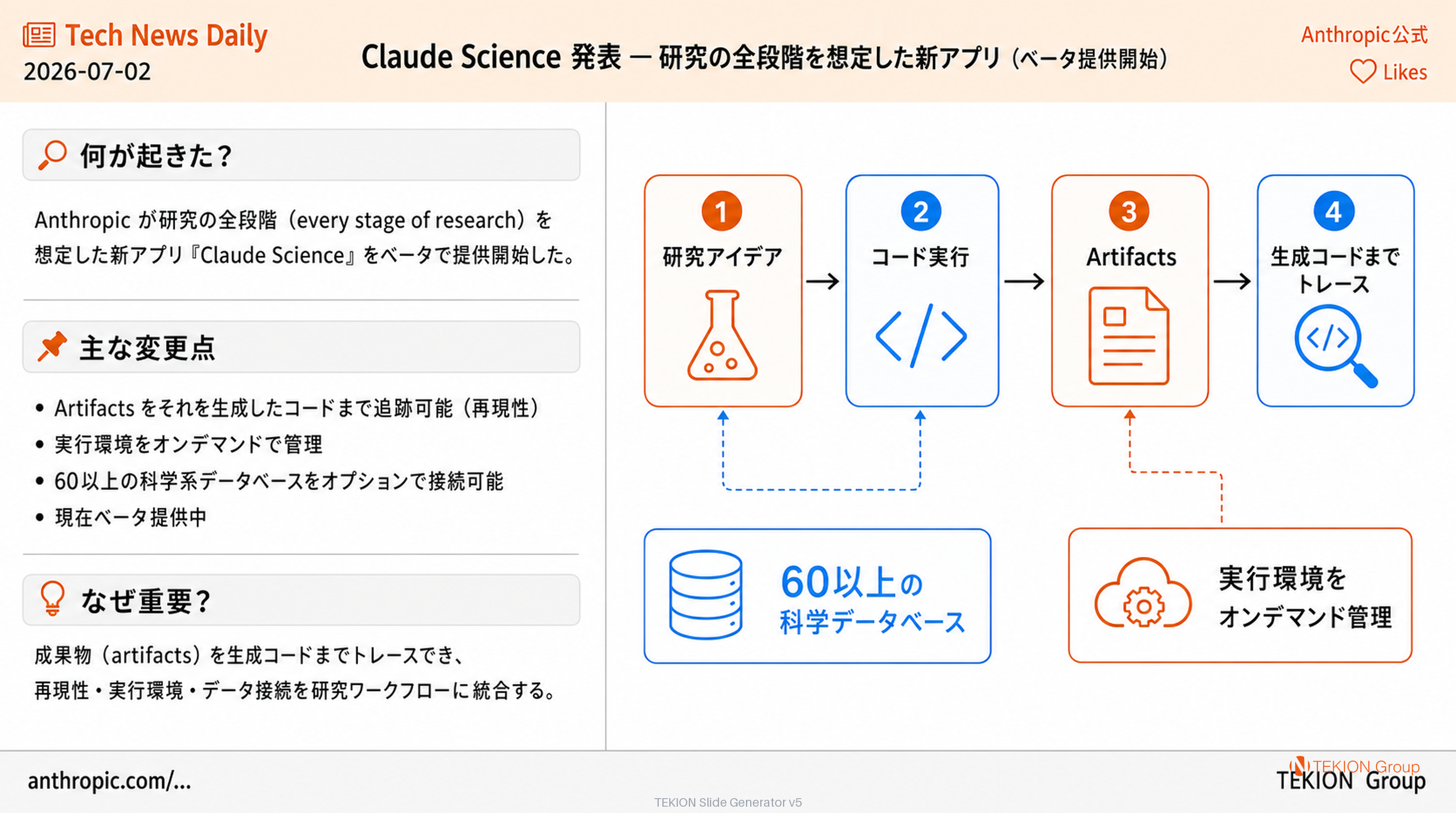 Claude Science 発表 — 研究の全段階を想定した新アプリ（ベータ提供開始）