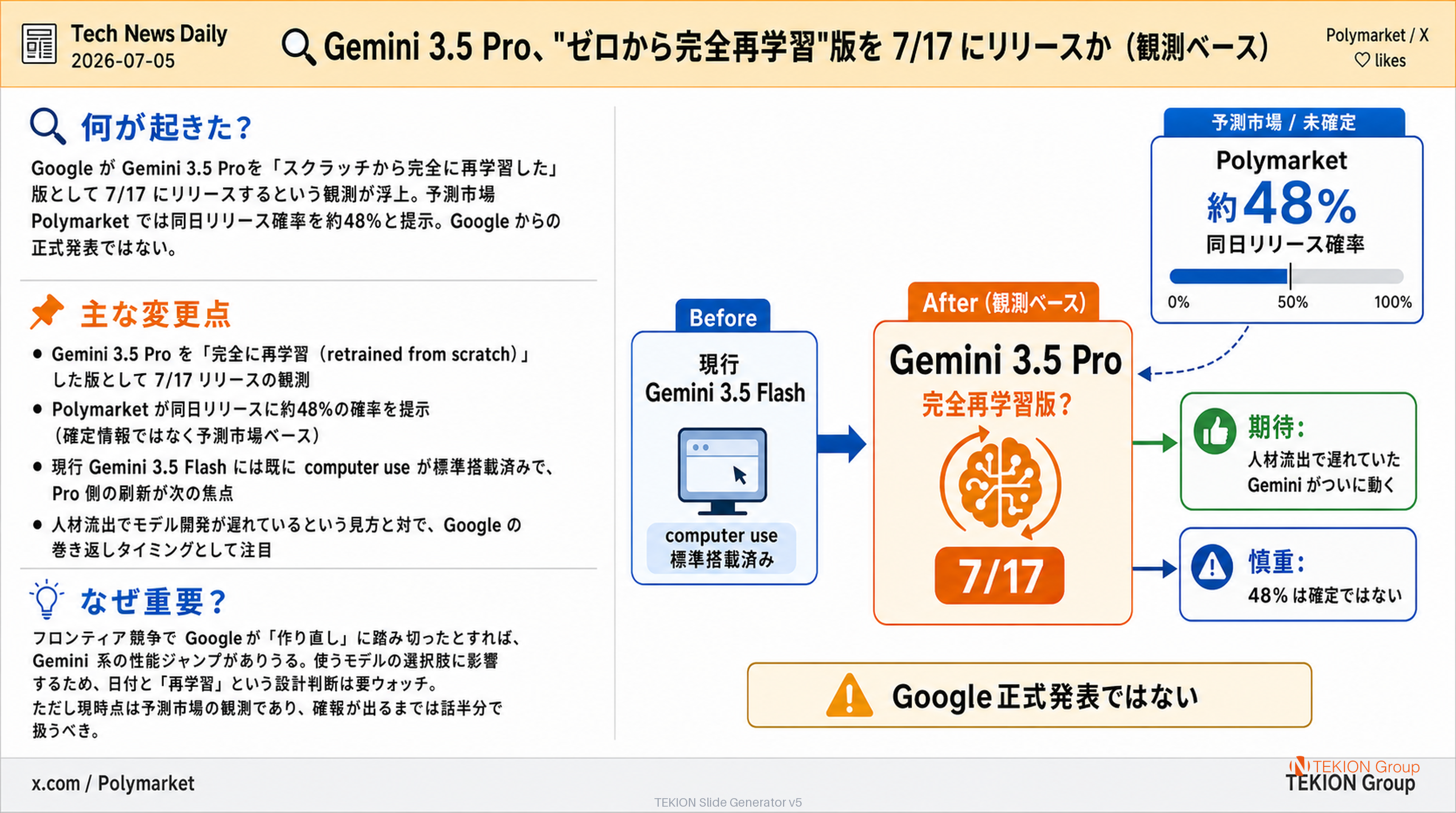 Gemini 3.5 Pro、"ゼロから完全再学習"版を 7/17 にリリースか（観測ベース）