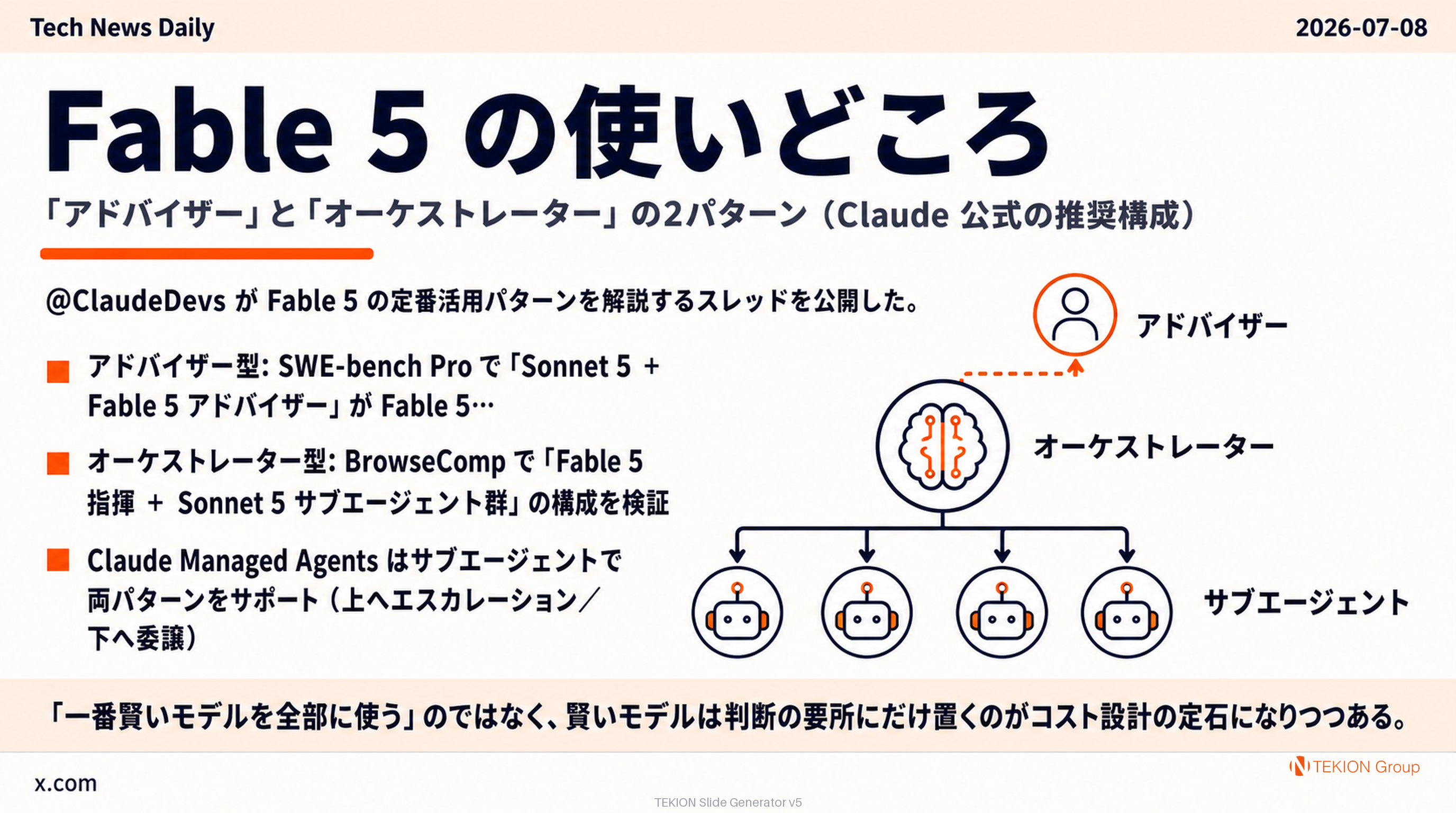 Fable 5 の使いどころ — 「アドバイザー」と「オーケストレーター」の2パターン（Claude 公式の推奨構成）