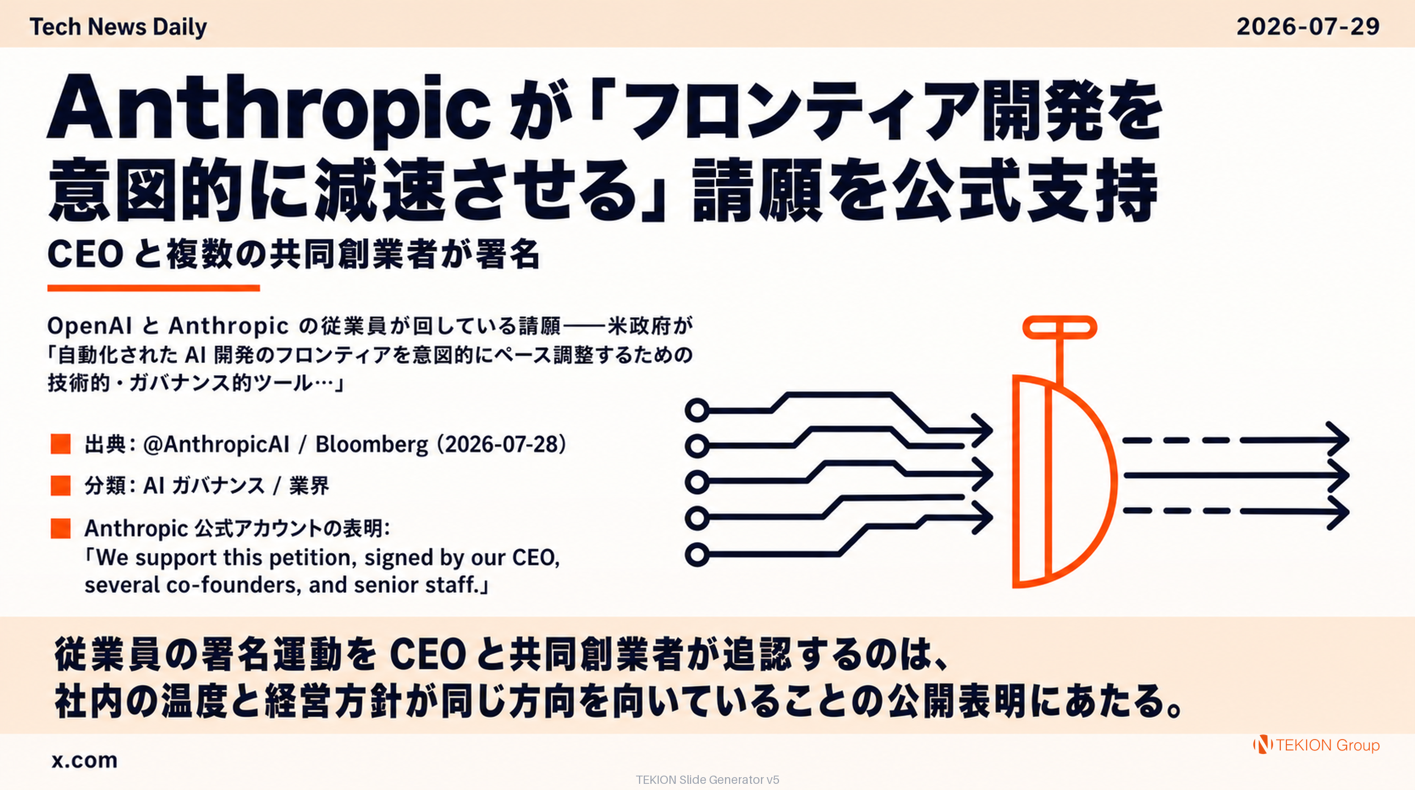 Anthropic が「フロンティア開発を意図的に減速させる」請願を公式支持 — CEO と複数の共同創業者が署名