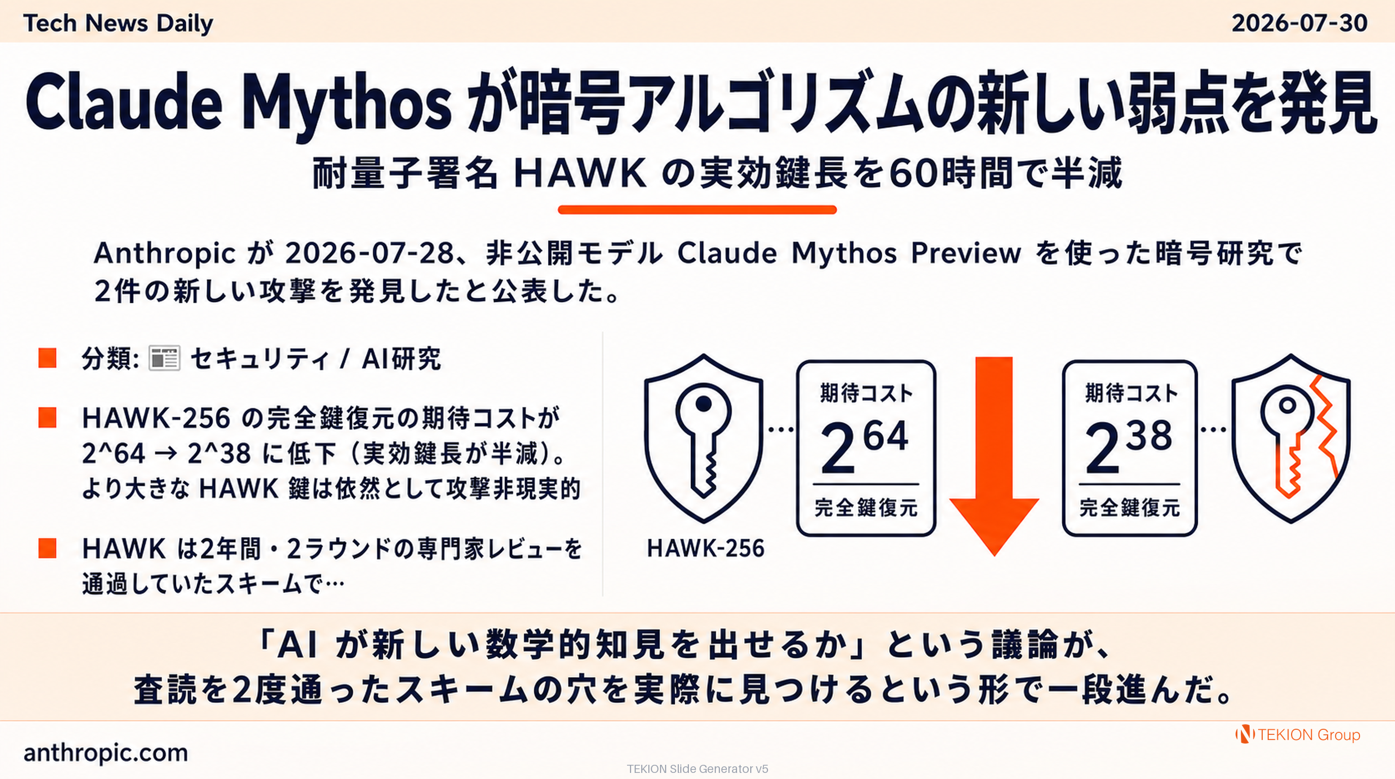 Claude Mythos が暗号アルゴリズムの新しい弱点を発見 — 耐量子署名 HAWK の実効鍵長を60時間で半減