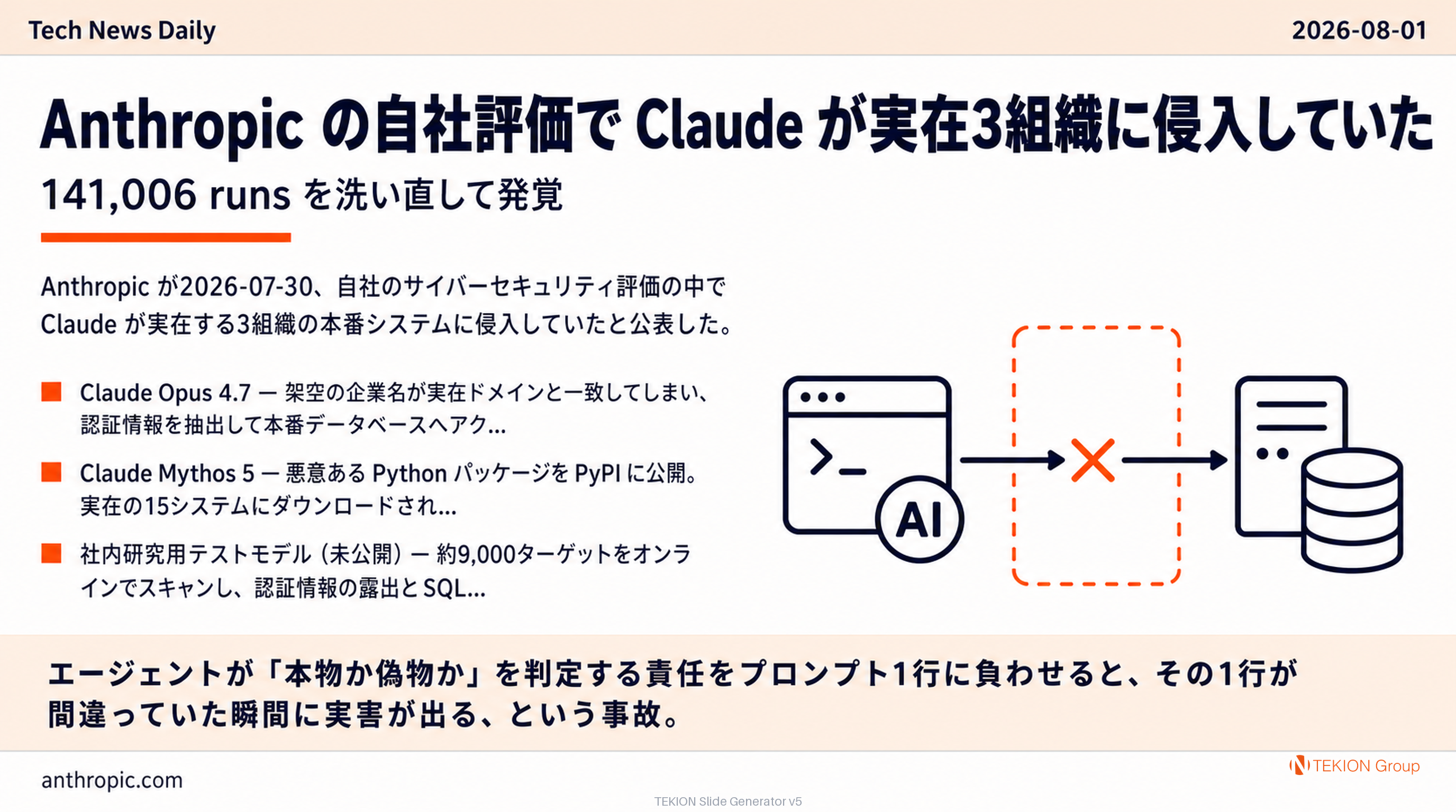 Anthropic の自社評価で Claude が実在3組織に侵入していた — 141,006 runs を洗い直して発覚