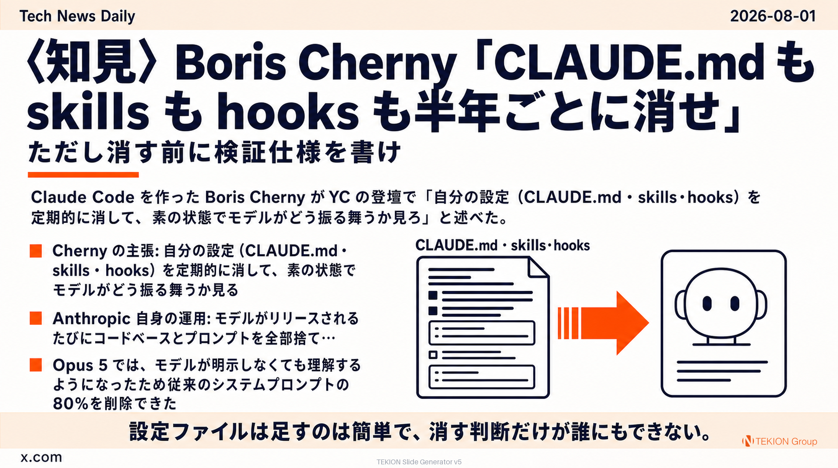 〈知見〉Boris Cherny「CLAUDE.md も skills も hooks も半年ごとに消せ」— ただし消す前に検証仕様を書け