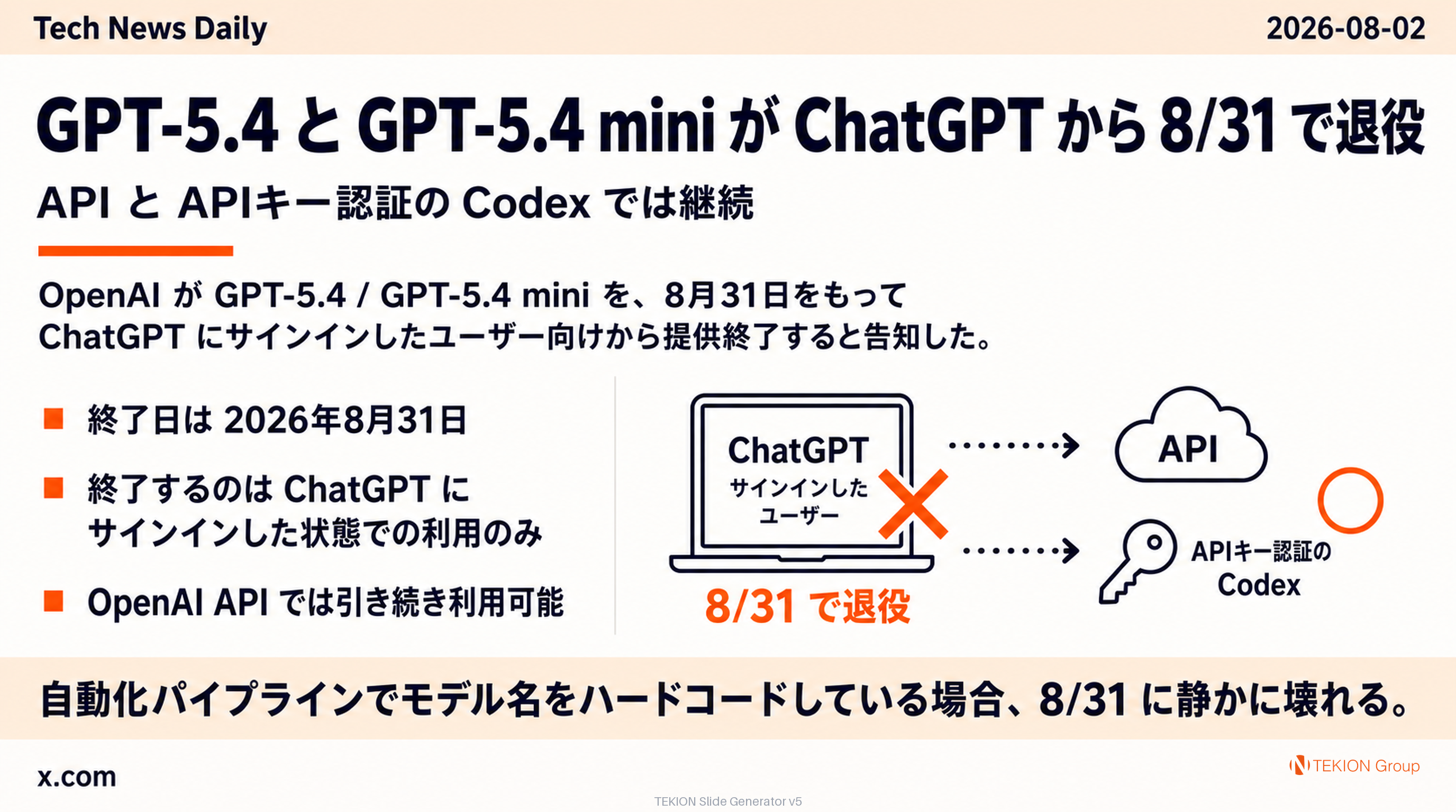 GPT-5.4 と GPT-5.4 mini が ChatGPT から 8/31 で退役 — API と APIキー認証の Codex では継続