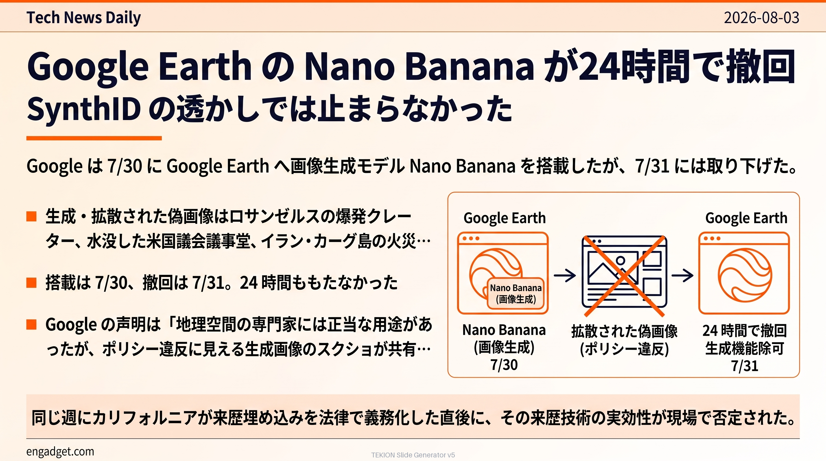 Google Earth の Nano Banana が24時間で撤回 — SynthID の透かしでは止まらなかった