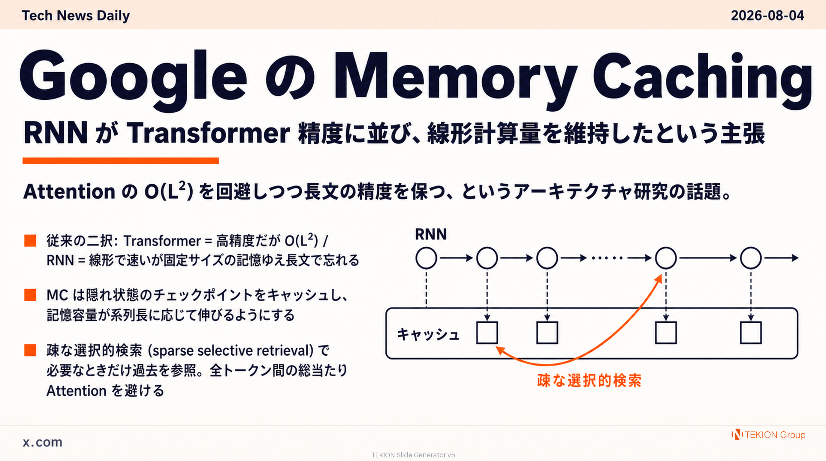 Google の Memory Caching — RNN が Transformer 精度に並び、線形計算量を維持したという主張