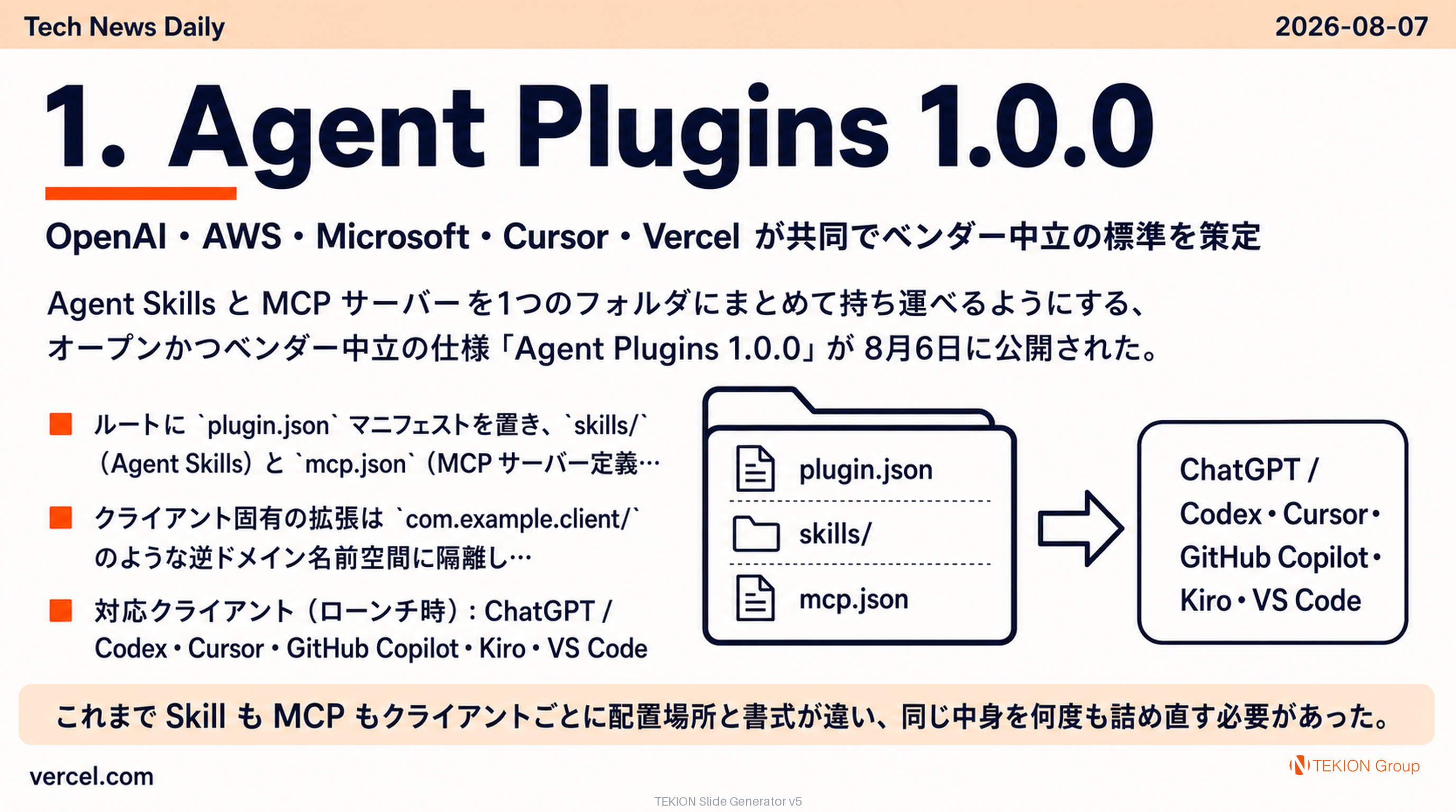 Agent Plugins 1.0.0 — OpenAI・AWS・Microsoft・Cursor・Vercel が共同でベンダー中立の標準を策定