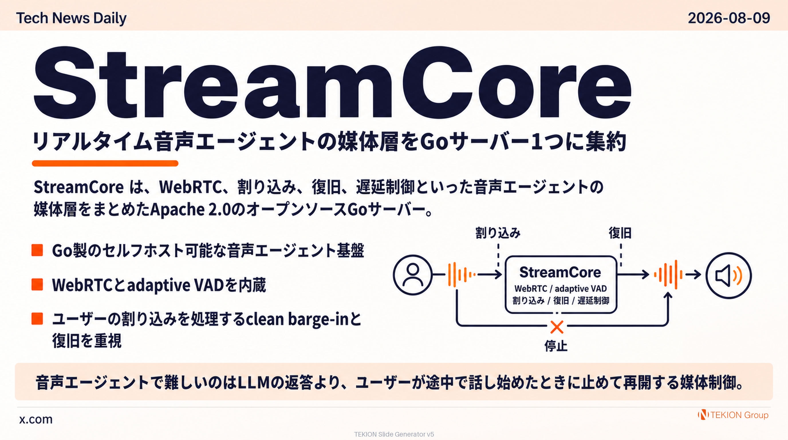 StreamCore — リアルタイム音声エージェントの媒体層をGoサーバー1つに集約