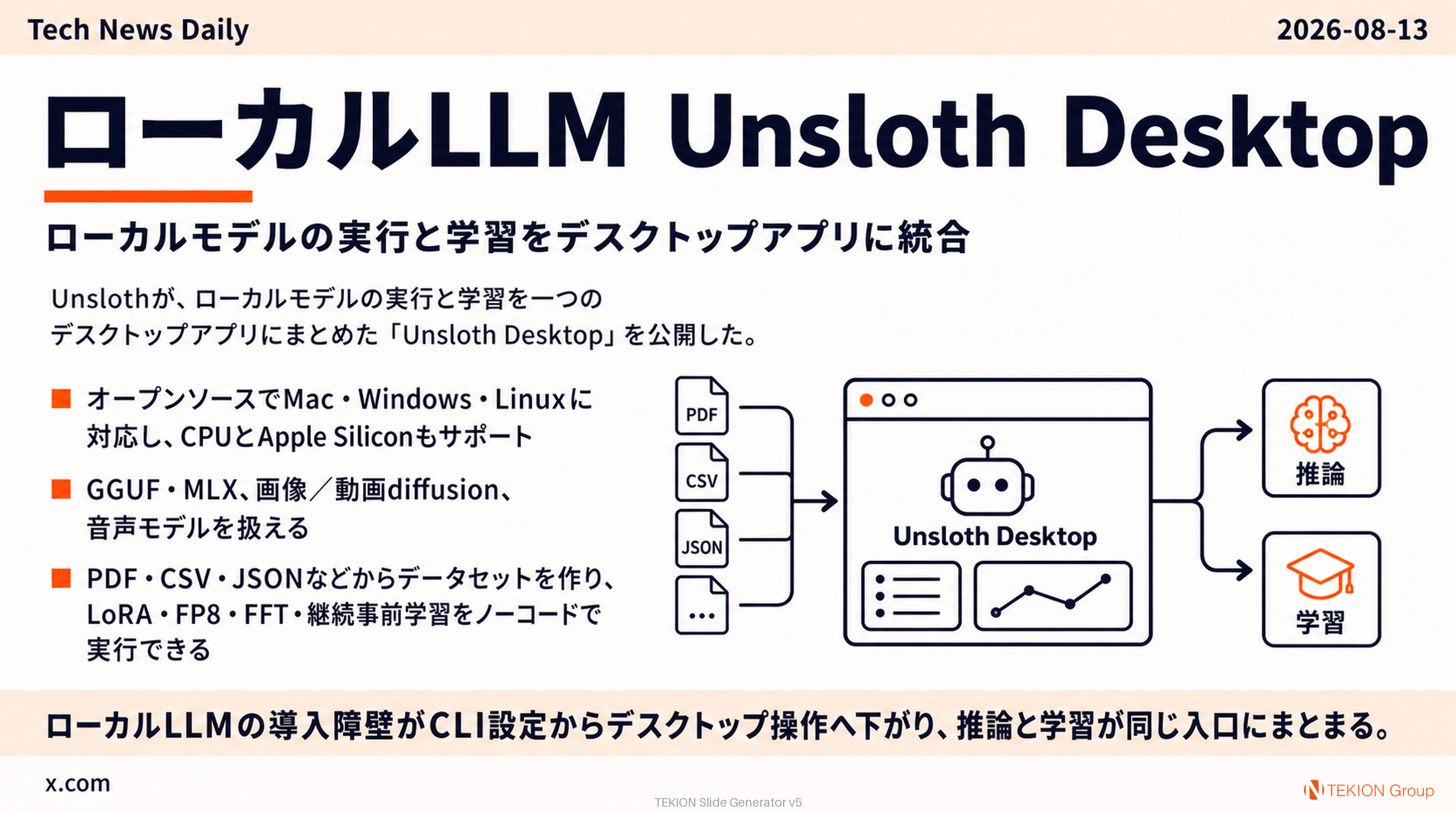 Unsloth Desktop — ローカルモデルの実行と学習をデスクトップアプリに統合