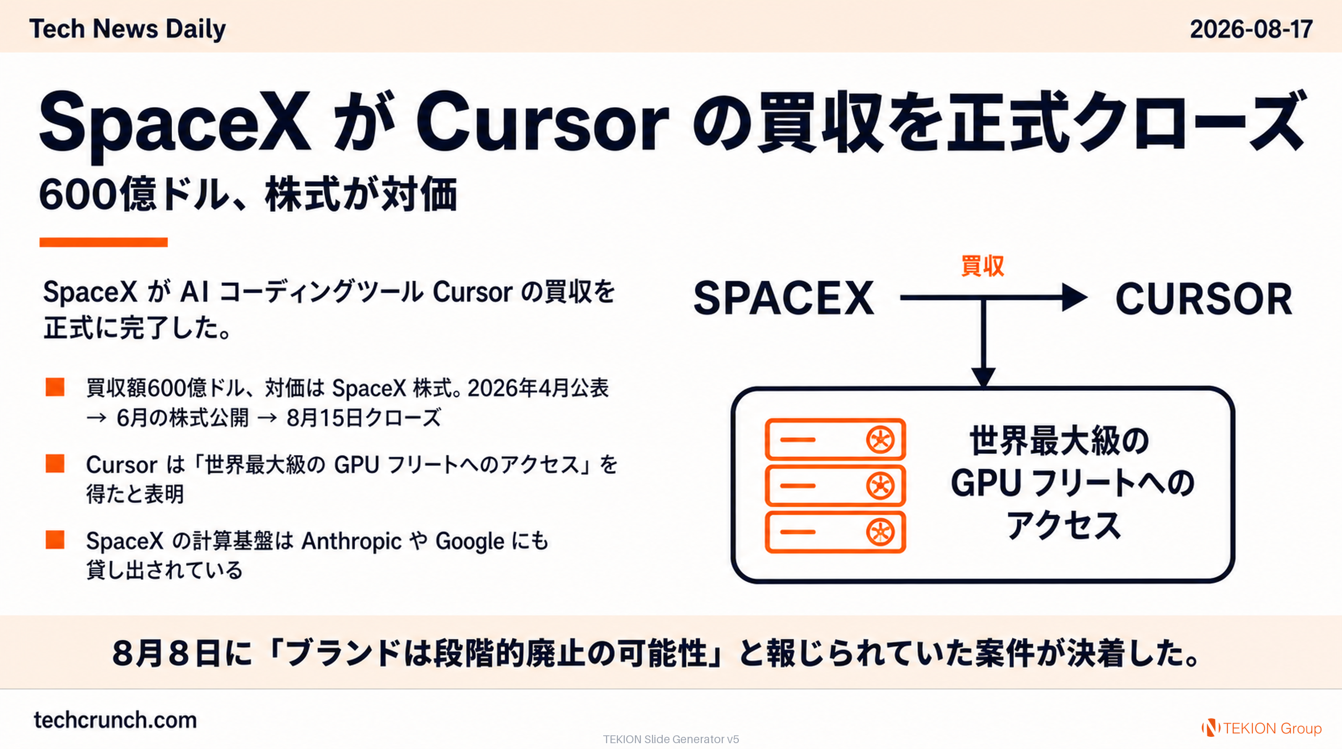 SpaceX が Cursor の買収を正式クローズ — 600億ドル、株式が対価