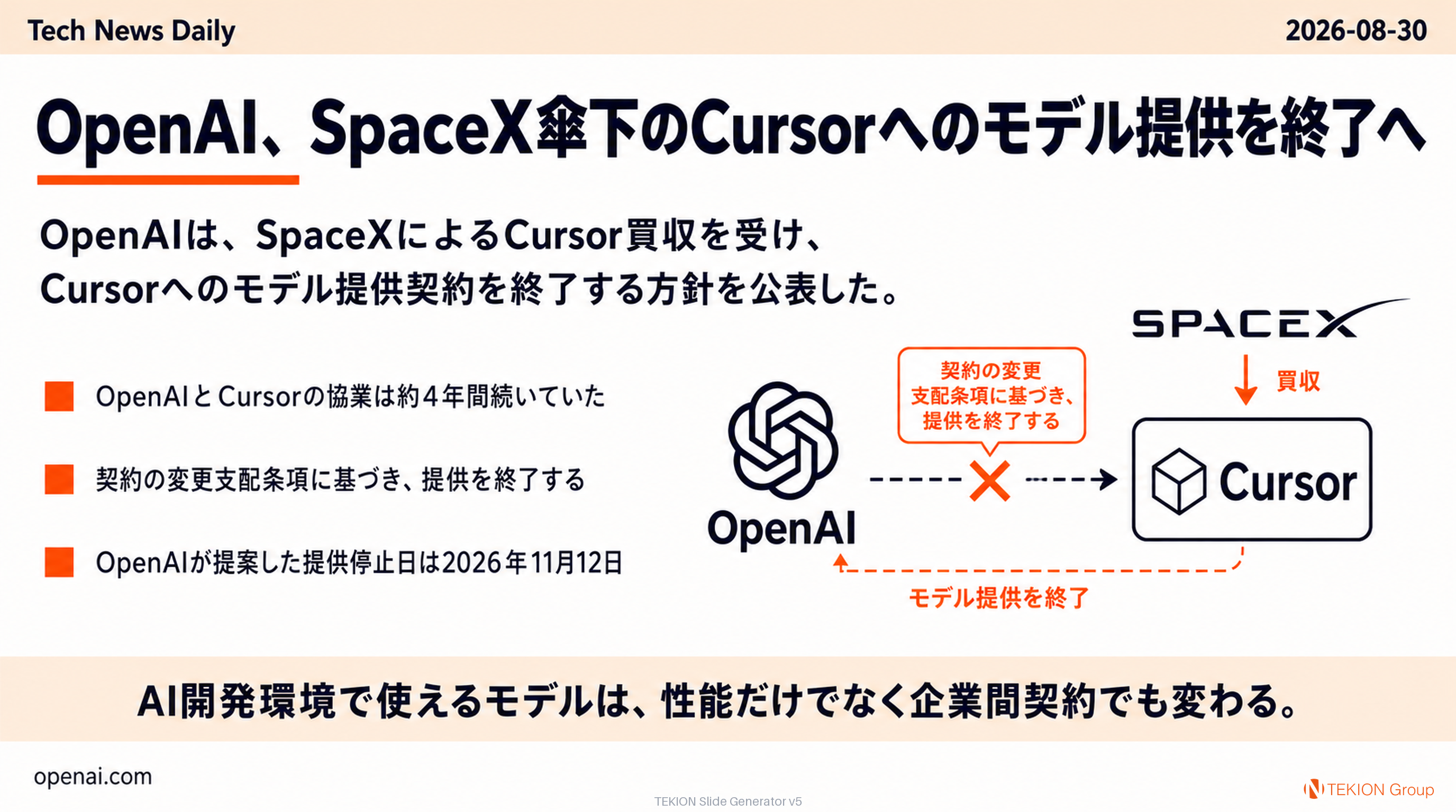 OpenAI、SpaceX傘下のCursorへのモデル提供を終了へ