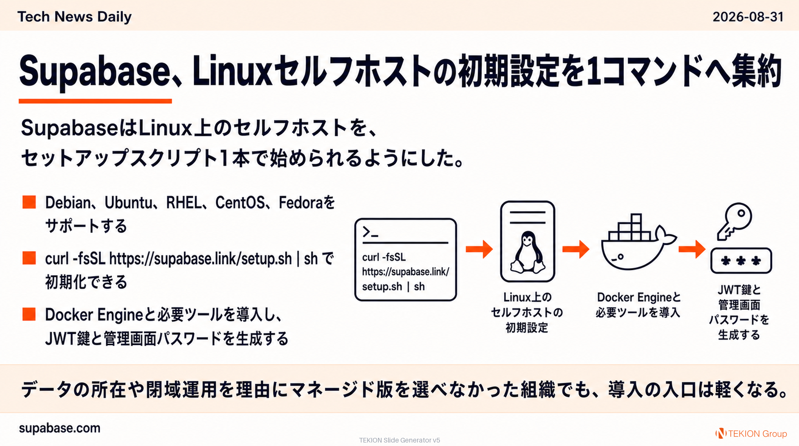 Supabase、Linuxセルフホストの初期設定を1コマンドへ集約