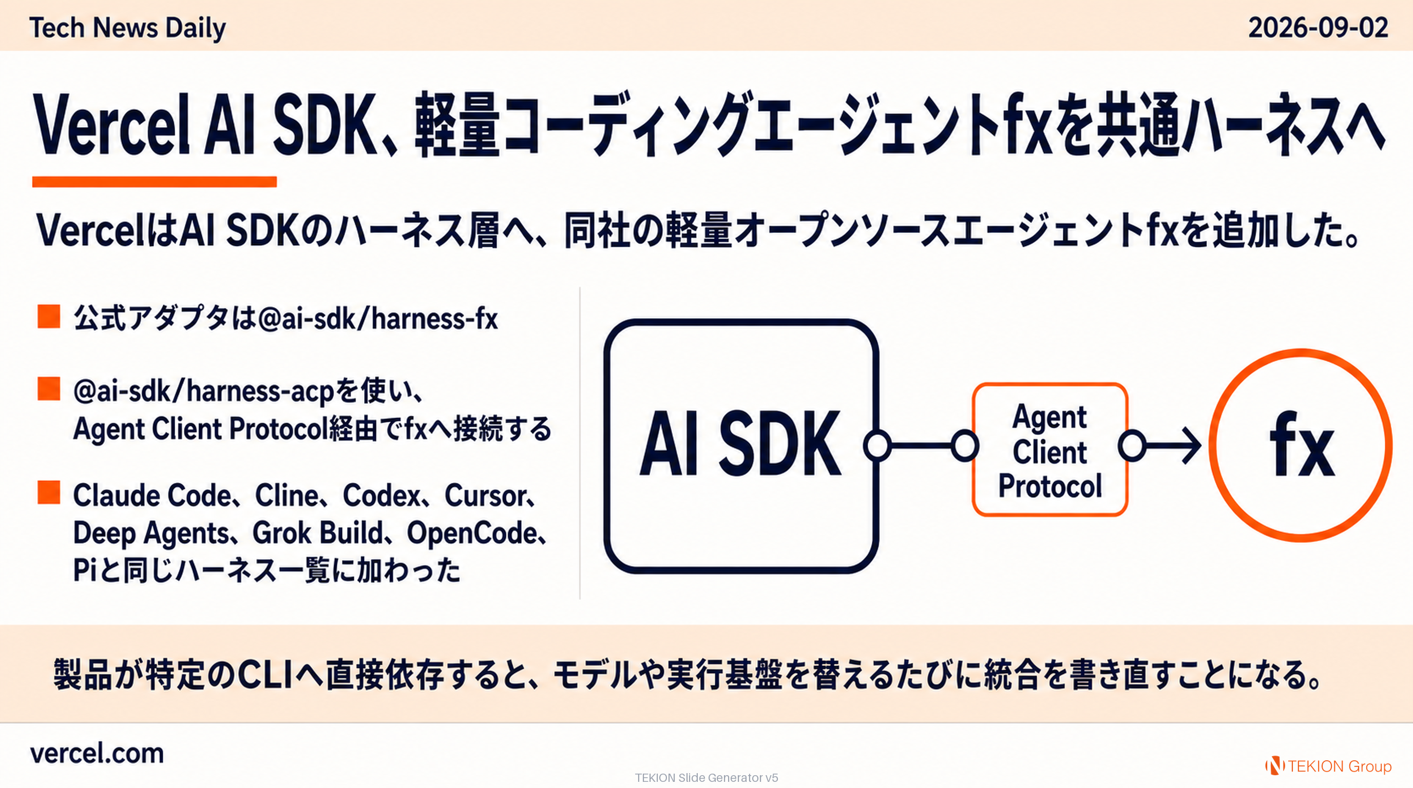 Vercel AI SDK、軽量コーディングエージェントfxを共通ハーネスへ