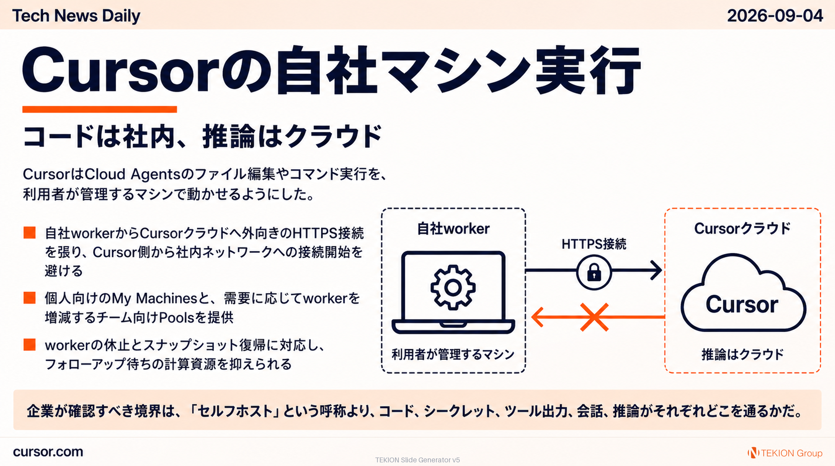 Cursorの自社マシン実行、コードは社内、推論はクラウド