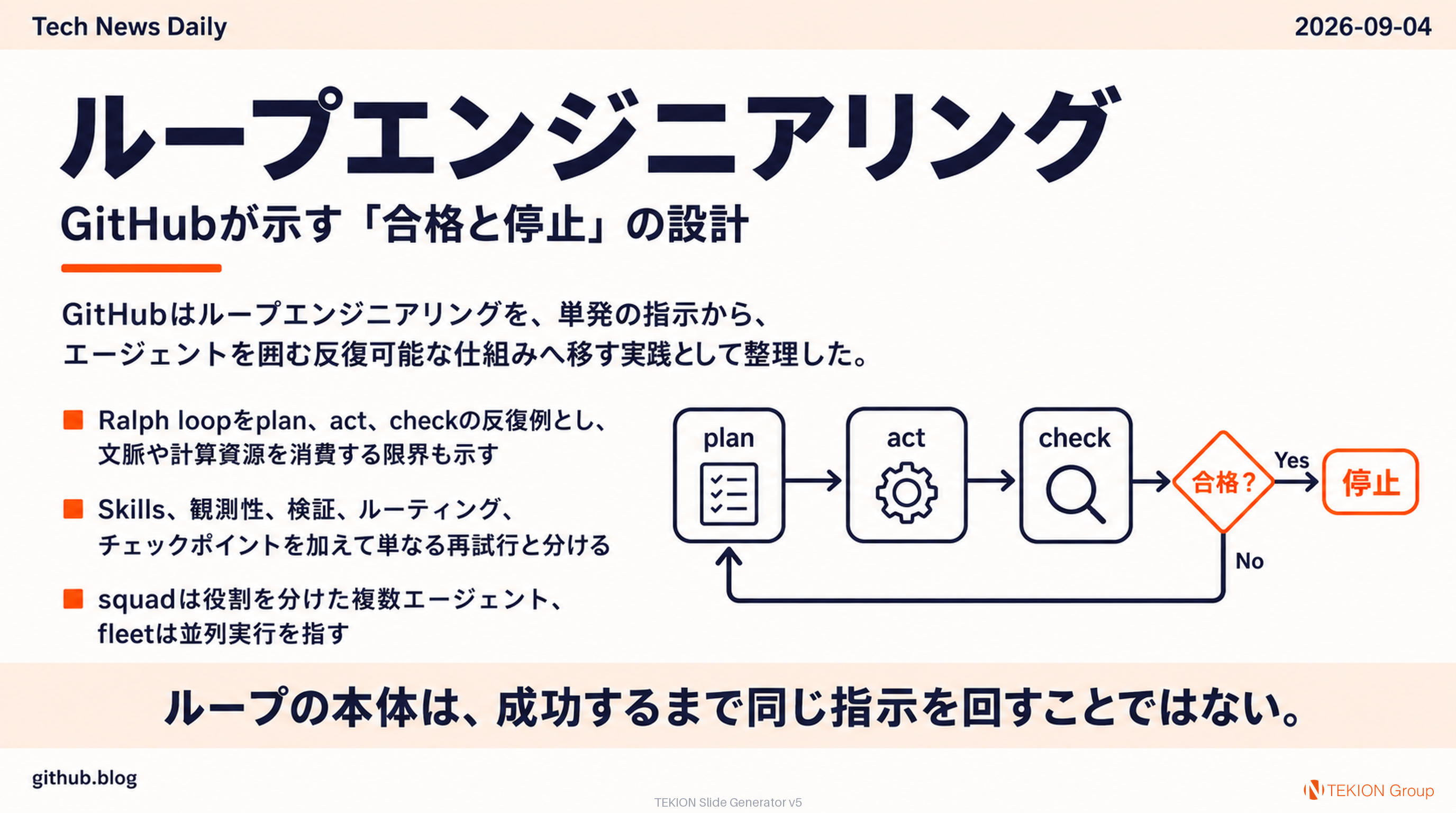 ループエンジニアリング、GitHubが示す「合格と停止」の設計