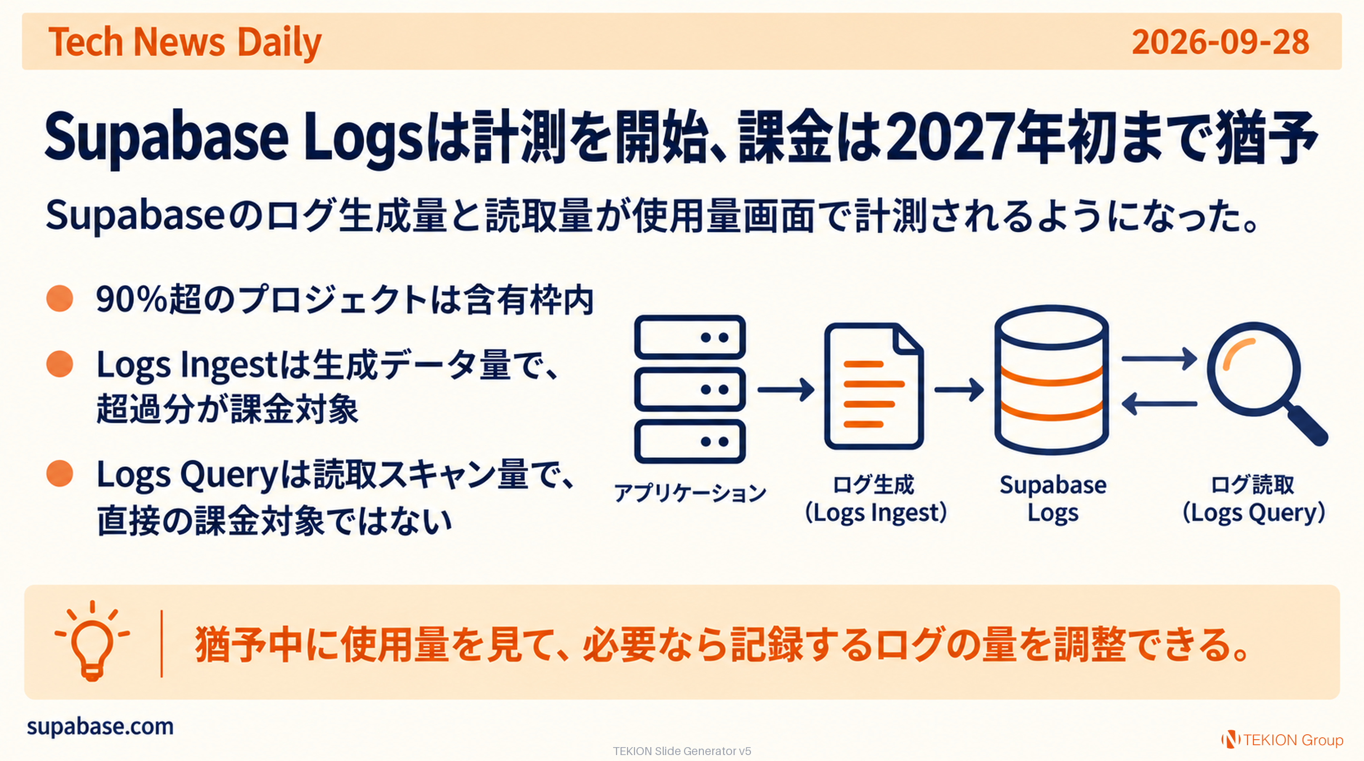 Supabase Logsは計測を開始、課金は2027年初まで猶予