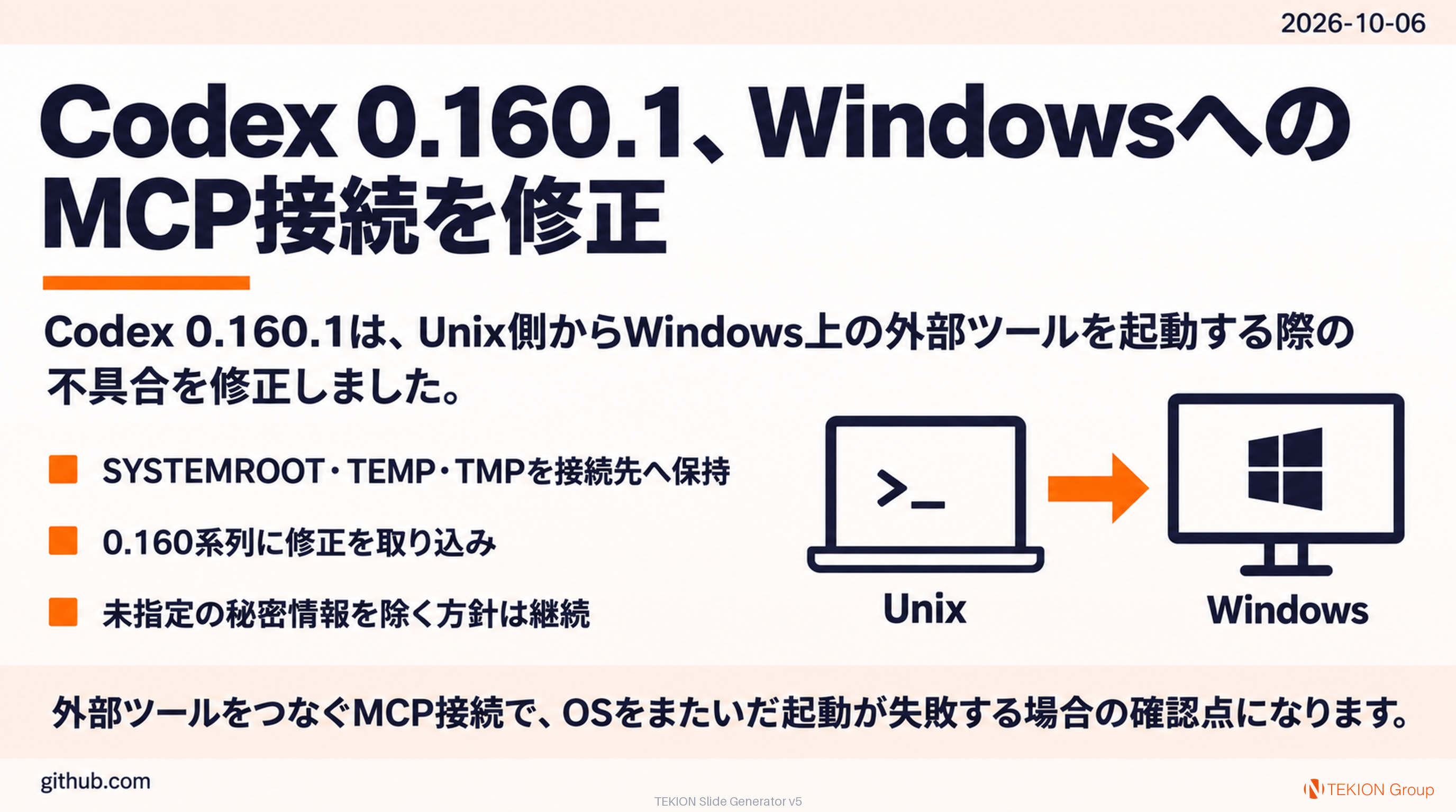 Codex 0.160.1、WindowsへのMCP接続を修正