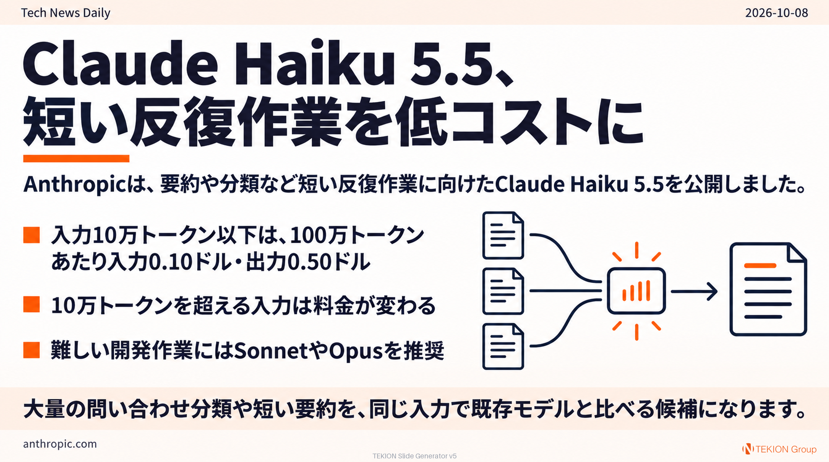 Claude Haiku 5.5、短い反復作業を低コストに
